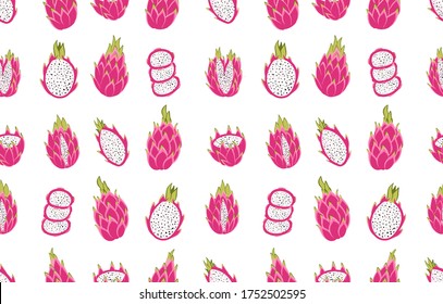 whole and sliced dragon fruit. Entire and chopped pataya. 
vector seamless hand drawn pitahaya pattern.