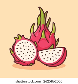 Whole and sliced dragonfruit in bright and vibrant cartoon style. Perfect for tropical food designs, healthy snacks, and summer themes.