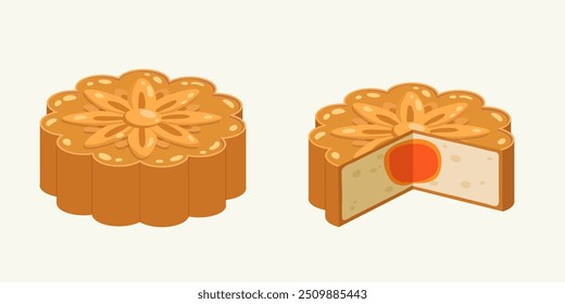 Ilustração de Mooncakes de gema de ovo inteiro e fatiado para o Festival do Meio do outono. Conceito de padaria tradicional festival, Festival Mooncake, sobremesa, celebração, pastelaria. Ilustração de vetor plano.