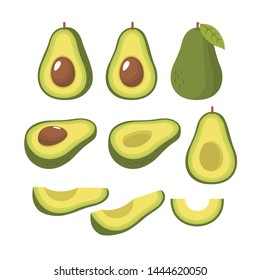 Whole and sliced fresh avocado vector set illustration 