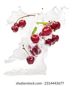 Whole and sliced fresh cherries in the air, isolated on a white background