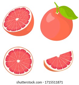 Whole and sliced grapefruit. Vector set in cartoon style isolated on white background.