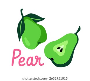 Whole and sliced green pear with leaves and seeds in flat cartoon style on white background. Concept of healthy fruit, nutrition, and food design. Vector illustration