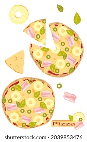 Whole and sliced Hawaiian pizza with pineapple, ham, cheese, basil and olive. Italian food. Cartoon style. Vector illustration.