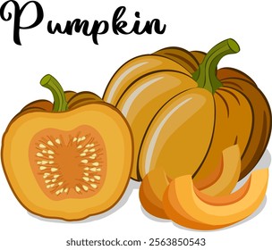 Whole and sliced ​​pumpkins.Vector illustration with whole and cut pumpkins on transparent background with text.