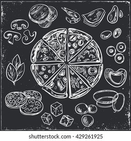 Whole and sliced italian pizza sketches with different toppings, such as cheese, pepperoni, salami, mushrooms, tomatoes, olives  Vintage illustration for design menus, recipes and packages product.
