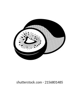 Whole and sliced ​​ripe kiwi monochrome. Black vector illustration with kiwi on a transparent background.