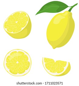 Whole and sliced lemon. Vector set in cartoon style isolated on white background.