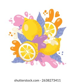 Whole and sliced lemons, leaves, and splashes of pink, orange, and purple create a refreshing and energetic composition, perfect for summery designs