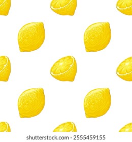 Whole and sliced lemons vector seamless pattern. Trendy hand drawn texture. Modern simple grid design for paper, cover, fabric, interior decor and other use on white background