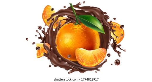 Whole and sliced mandarins in a chocolate splash.