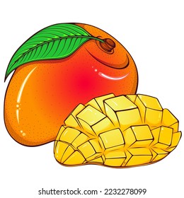 Mango entero y rebanado. Ilustraciones de color vectorial en estilo de dibujos animados a mano. Comida orgánica fresca aislada en blanco. Cierra la fruta del mango. Elemento para libro de cocina, pegatina, diseño, impresión.