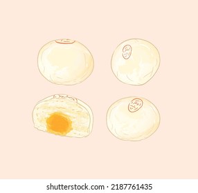 Whole and sliced mung bean pastry in vector flat illustration