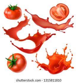 Whole and sliced on half fresh tomatoes, tomato juice splashes and swirls 3d realistic vector illustrations set isolated on white background. Organic vegetables, vegetarian nutrition, healthy food