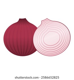 Whole and Sliced Onions Cooking Ingredient Vector. Fresh Onion Element. Ripe Onion Icon.