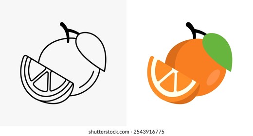 Whole and sliced orange with green leaf icon set. Orange fruit vector illustration. Fresh orange juice symbol. Vitamin C diet nourishment isolated pictogram.