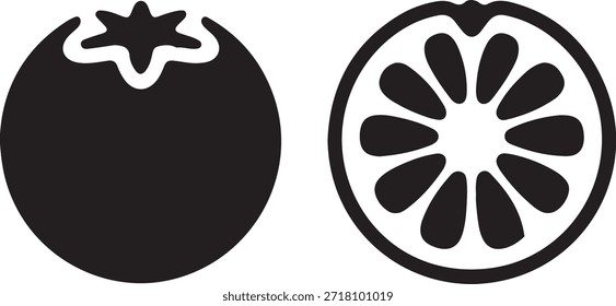 Ilustración entera y cortada del icono de la fruta cítrica del Vector de la silueta naranja para el diseño de la cocina