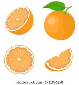 Whole and sliced orange. Vector set in cartoon style isolated on white background.