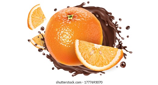 Whole and sliced oranges in a chocolate splash.