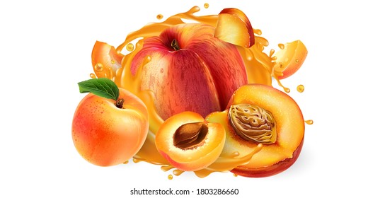 Whole and sliced peaches and apricots in a juice splash.