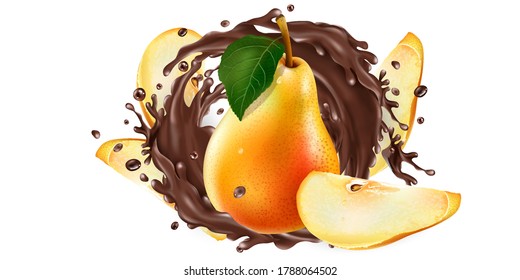 Whole and sliced pears in a chocolate splash.