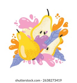 Whole and sliced pears creating a vibrant and juicy composition with colorful splashes and leaves, perfect for designs related to healthy eating, fruit juices, and fresh produce