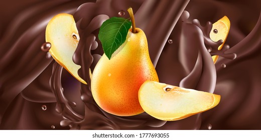 Whole and sliced pears in liquid chocolate.