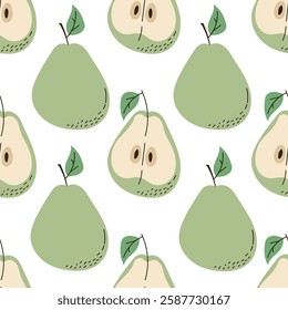 Whole and sliced pears. Vector seamless pattern of green pears on white background.