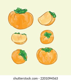 Whole And Sliced Persimmon Fruit In Vector Flat Illustration