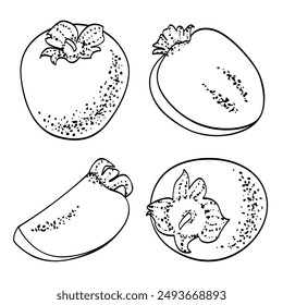 Conjunto de caqui entero y en rodajas aislado en blanco. Línea negra dibujada a mano boceto, textura de puntos. Clipart de Vector para ilustración de frutas y cosechas, diseño de alimentos, libro para colorear.