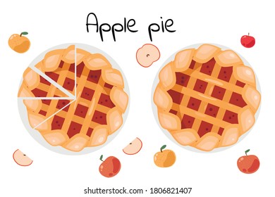 
Whole and sliced ​​Apple Pie. Whole and sliced ​​apples are around.
Vector illustration isolated on white background. Top view.