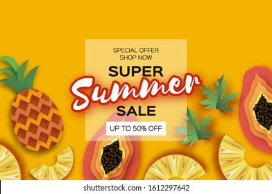 Whole and Sliced Pineapple and Half Cut Papaya in paper cut style on yellow background. Summer sale banner. Fresh fruit time. Space for text. Square frame.