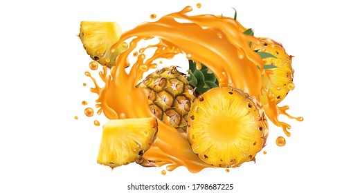 Whole and sliced pineapple in a juice splash.