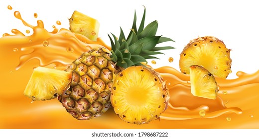 Whole and sliced pineapple on a fruit juice wave.