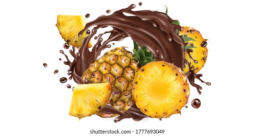 Whole and sliced pineapples in a chocolate splash.