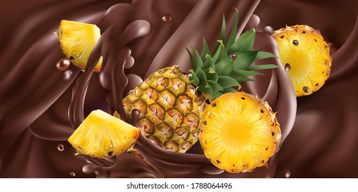 Whole and sliced pineapples in liquid chocolate.