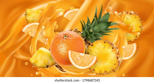 Ganze und geschnittene Ananas und Orangen in Fruchtsaft.