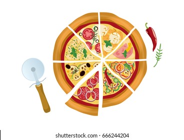 Whole sliced pizza top view icon vector isolated on a white background. Pizza and pizza cutter vector illustration. Different kind of pizza flavors drawing