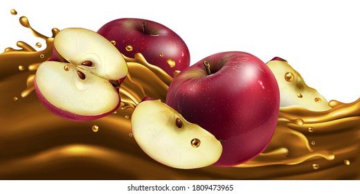 Whole and sliced red apples on a fruit juice wave.