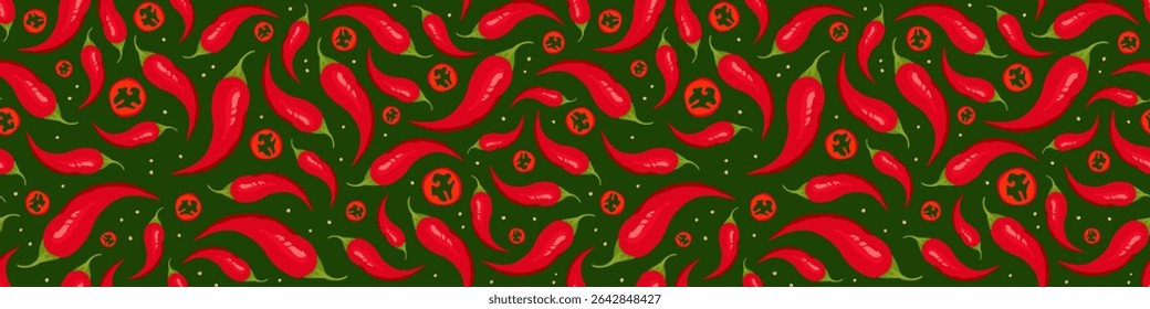 Whole and sliced red chili peppers with seeds scattered on green background. Seamless food pattern illustration. Spicy vegetable and cooking ingredient concept. Design for wallpaper, textile, print