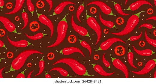 Whole and sliced red chili peppers with seeds scattered on dark background. Seamless food pattern illustration. Spicy vegetable and cooking ingredient concept. Design for poster, textile, print