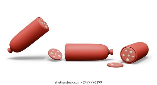 Whole and sliced salami. Appetizing red sausage on white background