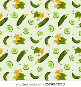 Whole and sliced ​​cucumbers.Vector seamless pattern with green cucumbers on a colored background.