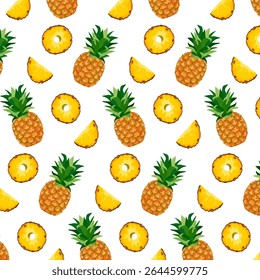 Whole and sliced ​​pineapple.Vector seamless pattern with slices and whole pineapples on transparent background.