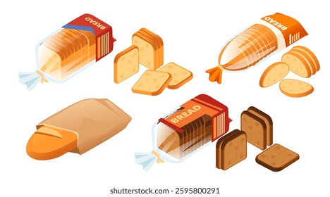 Whole and sliced set of bread in different packages. Isometric view. Baguettes, sandwich loaves, bread rolls, and sliced bread in plastic and paper wrapping. Baking products for grocery store. Vector.