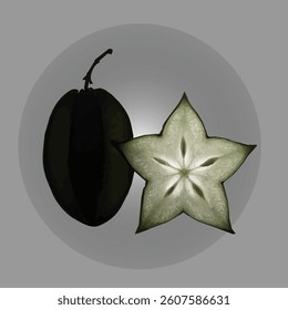 A whole and sliced star fruit on a white background with reflection, highlighting its unique shape
