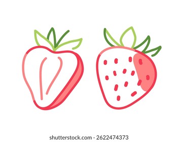 Whole and sliced strawberry minimal line drawing. Flat outline illustration with red contour and green leaves. Summer fruit and healthy food concept