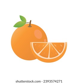 Whole and sliced ​​oranges vector illustration on white background. Orange or tangerine with green leaves. Fresh and healthy fruits.