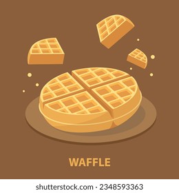 Whole and sliced waffle on the podium and text isolated on chocolate background vector illustration.