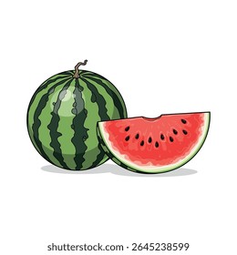 Melancia Inteira e Fatiada com Carne Suculenta Vermelha e Crosta Verde em Estilo Realista - Ilustração Vetor